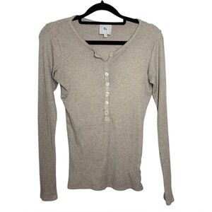 G. Label Goop Tan Oatmeal Stretch Ribbed Long Sleeve Henley Top Medium FLAW